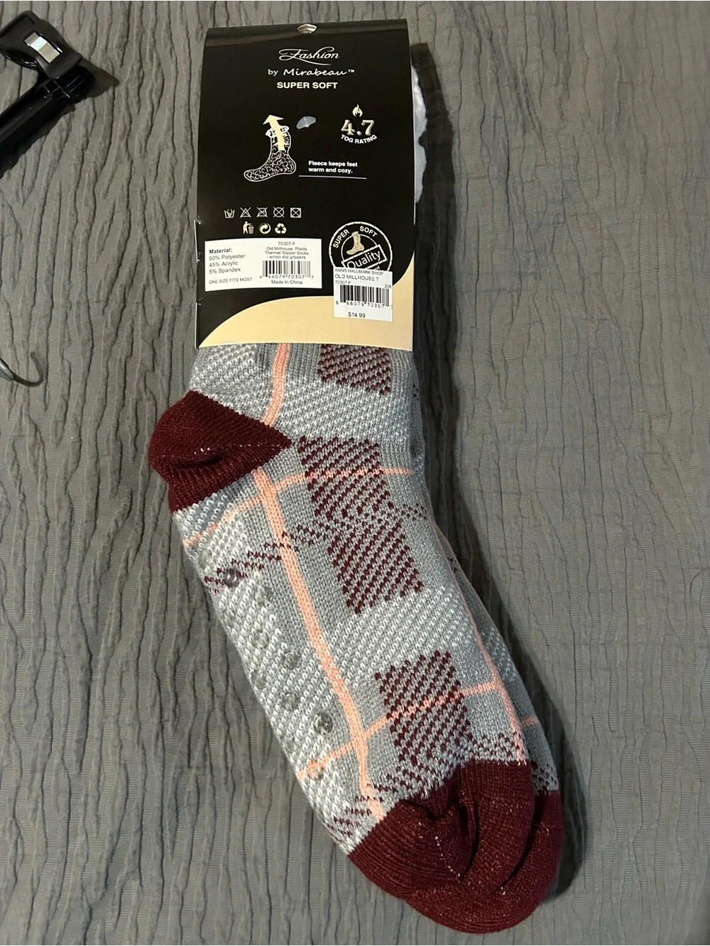 Thermal Plush-Lined Slipper Socks - Gray Plaid with Burgundy Accents